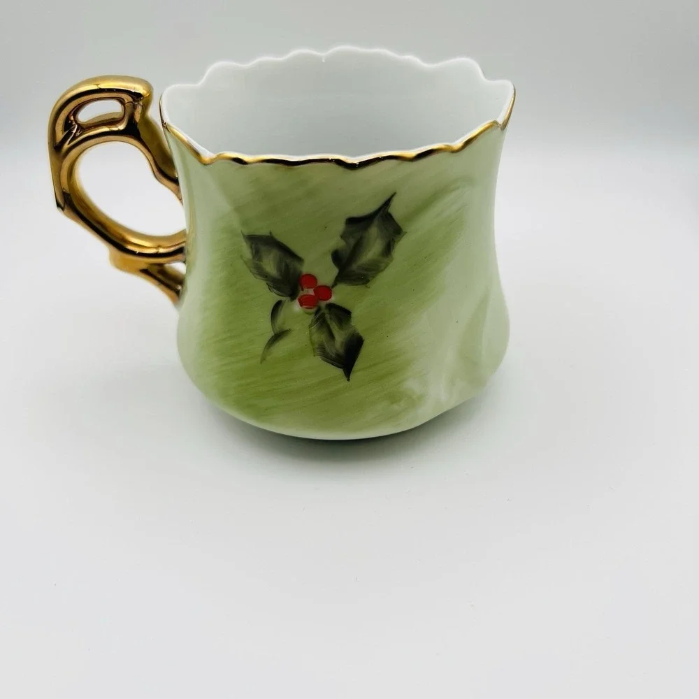 Lefton China Poinsettia Teacup Saucer Hand Painted Holiday Christmas Green Gold